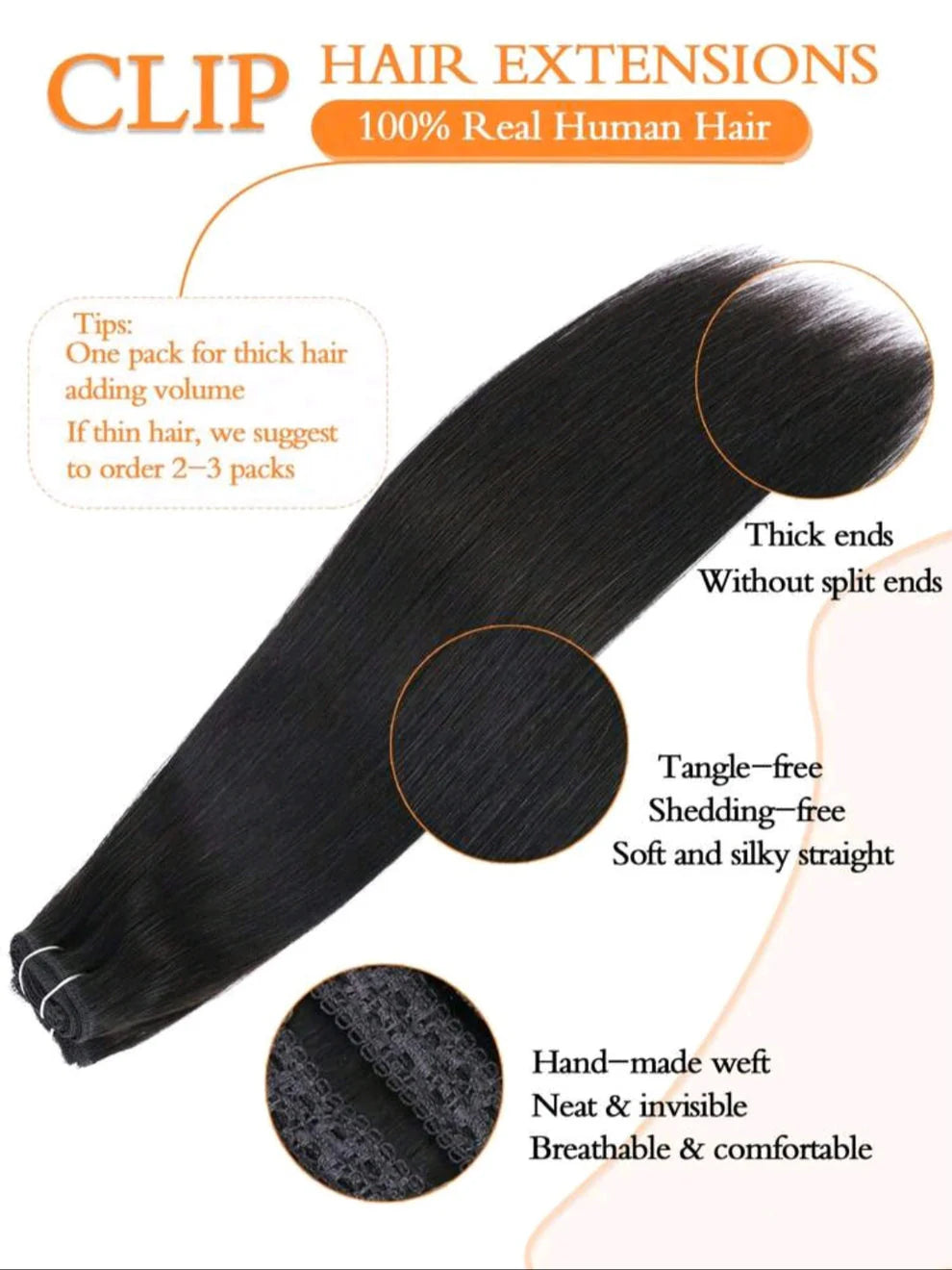 Black Straight Clip-In Hair Extensions – 22"