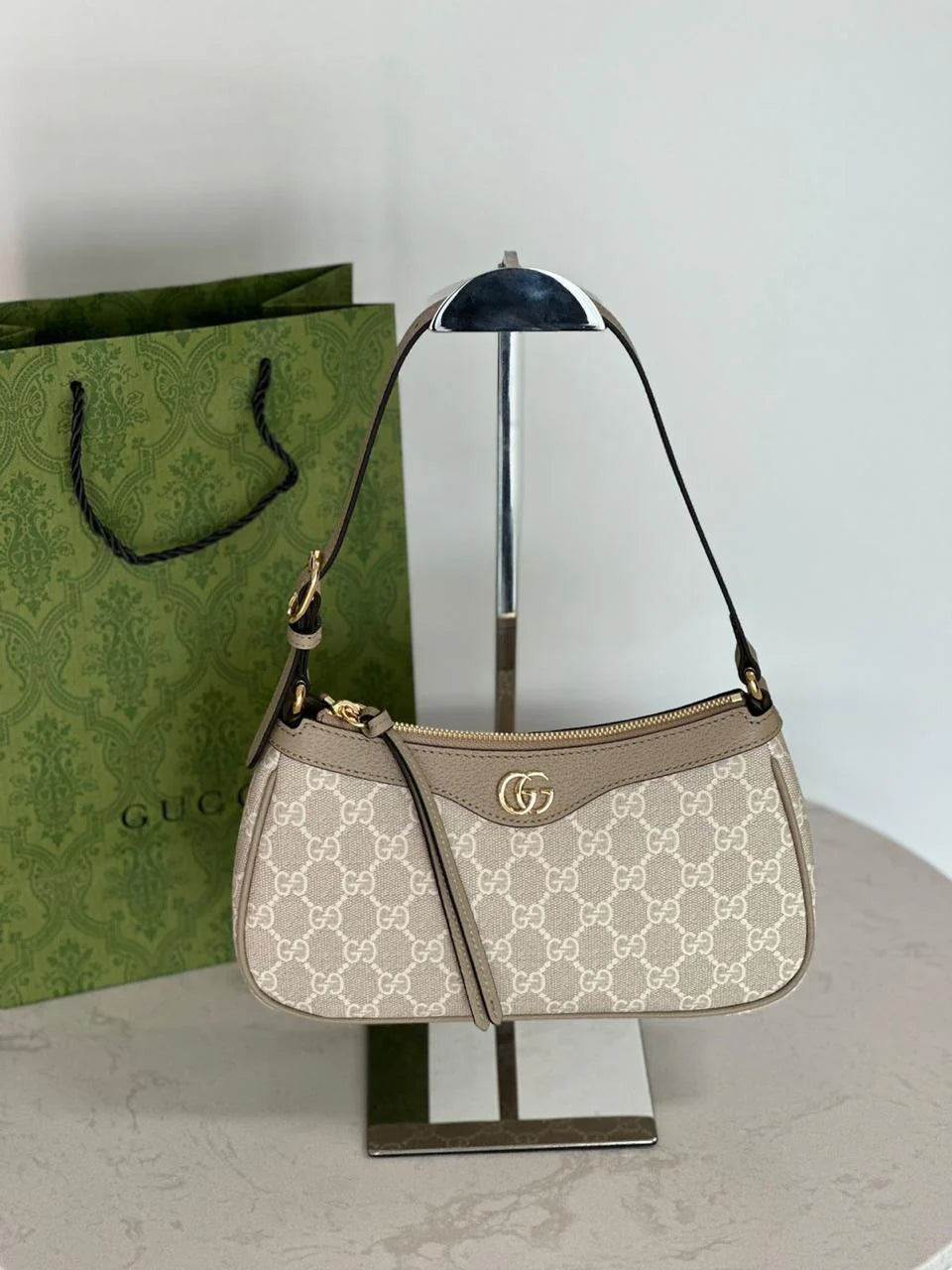 Beige and White Handbag - front view