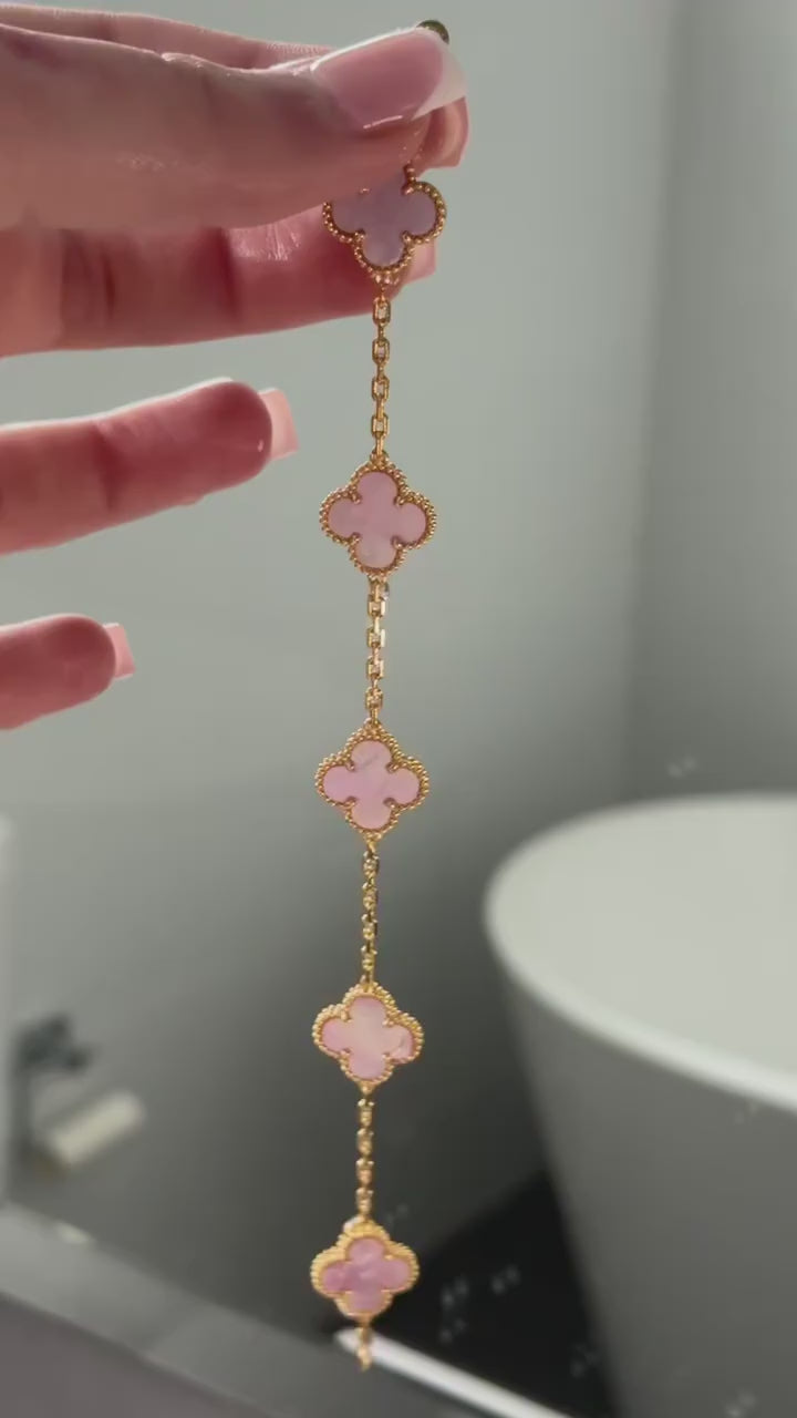 1pc Elegant Pink Rhinestone Inlaid Four-Leaf Clover Adjustable Bracelet